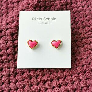 Alicia Bonnie Gold Magenta Pink Magnesite in Love Heart Stud Earrings NEW